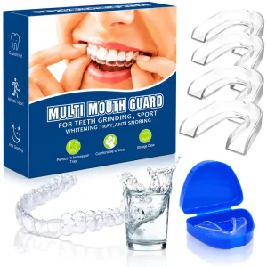 4 Pack Mouth Guard for Teeth Grinding & Bruxism Custom Moldable Night Guard Stops Clenching & Snoring Reusable with Travel Case