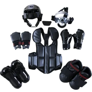 ATA Certified Taekwondo Armor Set Chest Guard Helmet and Arm Shin Protectors Made From Durable PU for Sparring and Competition
