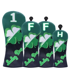 Black Green PU Leather Golf Wood Driver Head Covers Four leaf Clover Embroidery Head Covers for Fairway Hybrid