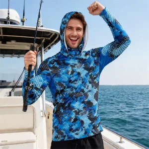 Blue Camouflage Long Sleeve Fishing Wear UV UPF50+ Mens Sun Protection Clothing With Hood