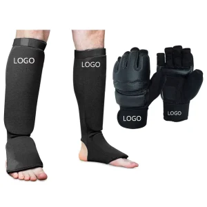 Boxing Karate Protective Gear Including Instep and Leg Guards and Half Finger Handguard Set