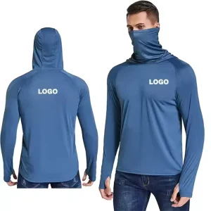 Custom Men’s Long Sleeve Performance Hoodie Anti-UV Fishing Wear With Mask UPF 50 Sun Protection Shirt