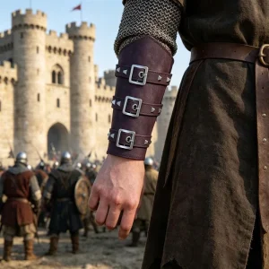 Faux Leather Medieval Arm Bracers 3 Strap Studded Viking Wrist Guards for LARP Cosplay