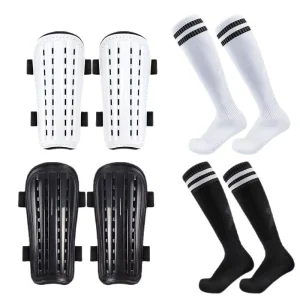 Football Plastic Shin Guards with Straps and Long Socks Set Multi Sport Use Sizes Small to Large