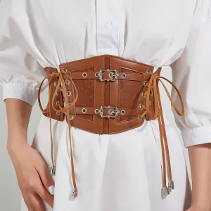 Gothic Dark Lace Female Waist Belt Corset Vintage Wide PU Leather Belts Ladies Adjustable Waistband Dress