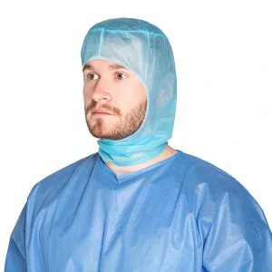 Hospital Disposable Astronaut Cap Light Blue Balaclava Hood with Neck Tie Nonwoven Head Scrub Cover Medical Cap & Shoe Cover