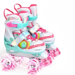 Kids Roller Skates Protective Gear Set 4 Size Adjustable Girls 8 Flash LED Wheels Cartoon Design Nylon Leather
