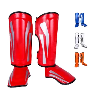 Muay Thai Karate Shin Guards Full Protector Instep Pad Kickboxing Leg Foot Protection PU Leather Hook & Loop Closure