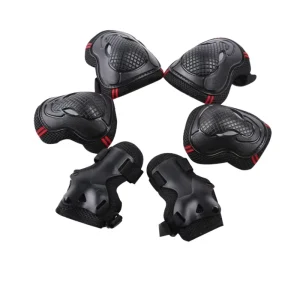 Six-Piece Flexible Breathable Roller Skating Knee Protectors Set Black Red Plastic for Children