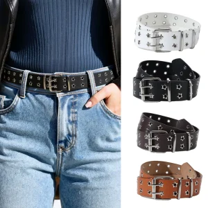 Vintage PU Star Shaped Multi Hole American Style Women’s Iron Buckle Belt Jeans Niche Y2K Style White Six Pointed Star