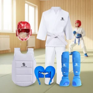 Woosung Complete Karate Gear Set Includes Uniform Helmet Shin Guards Gloves and Protective Gear for Martial Arts Training