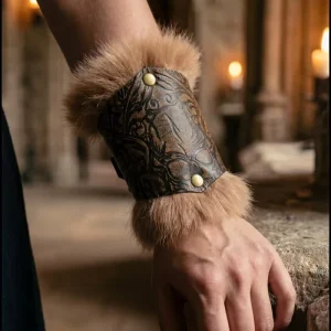 ZSJ 317 Medieval Fur Trim Embossed Leather Bracers Vintage Knight Arm Guard LARP Cosplay Renaissance Faire Costume Arm